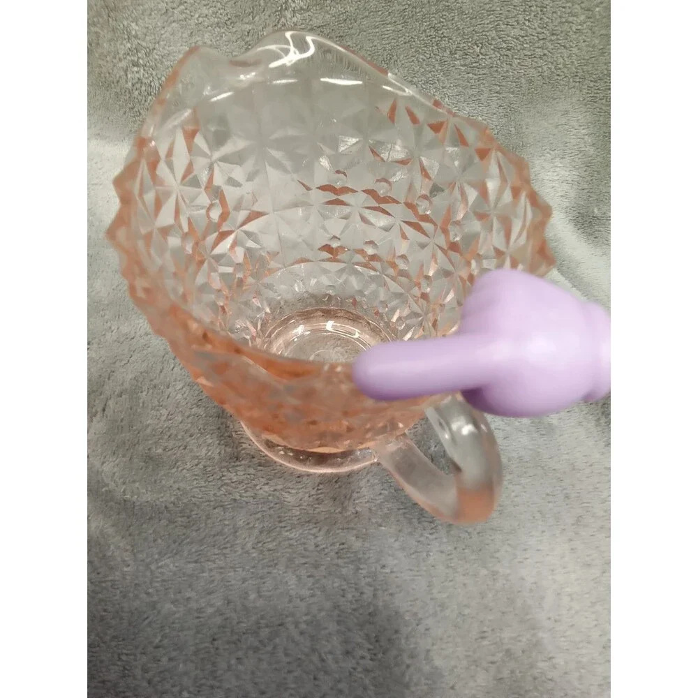Vintage Pink Glass Creamer, Jeanette, Holiday Pink/Buttons and Bows,‎ 3.5” tall